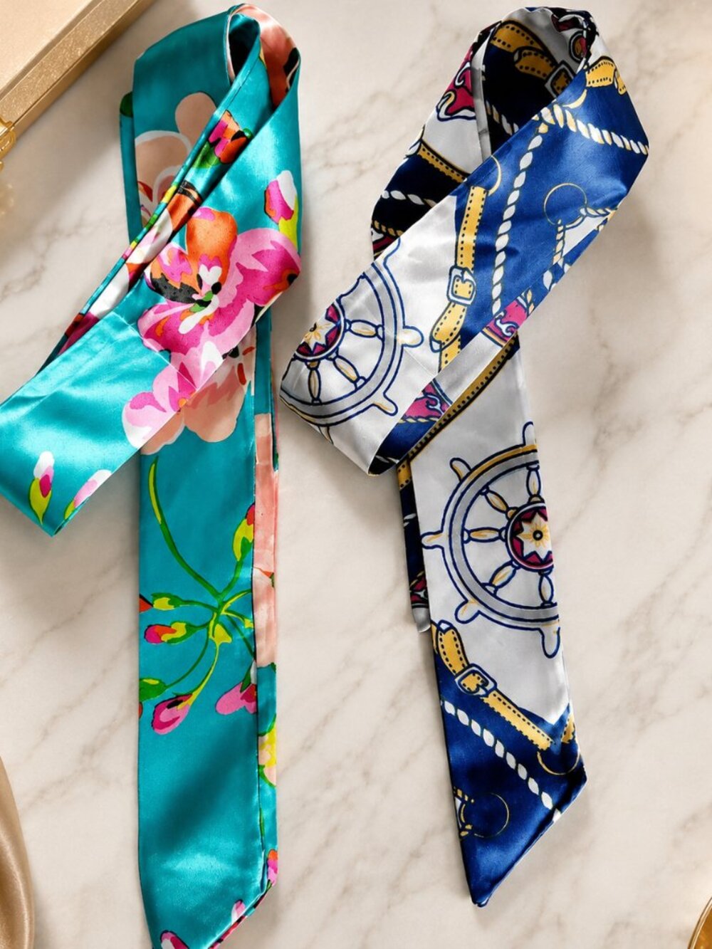 Set of 2 Satin Skinny Scarves for Hair, Bags & Neck – Floral & Nautical Print